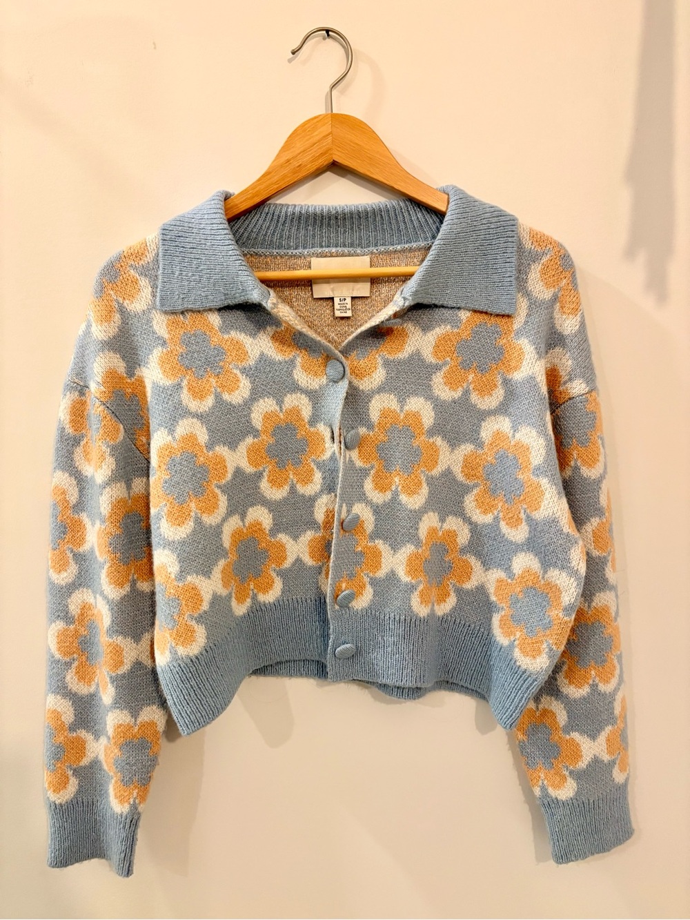 Collared Floral Knit Cardigan in Light Blue, Cream & Tan